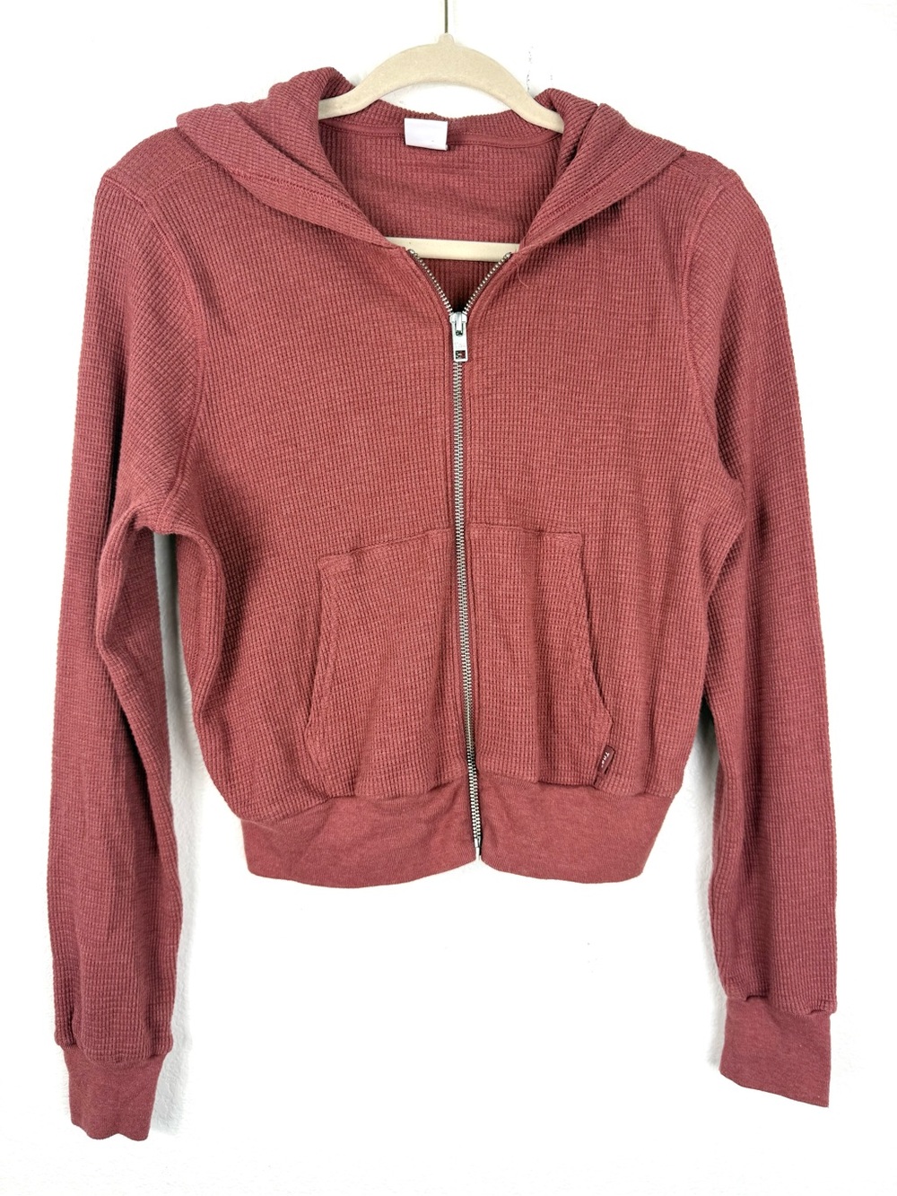 Tna Aritzia Waffle Knit Zip Up Hoodie Large Pink Cropped Thermal Sweatshirt M